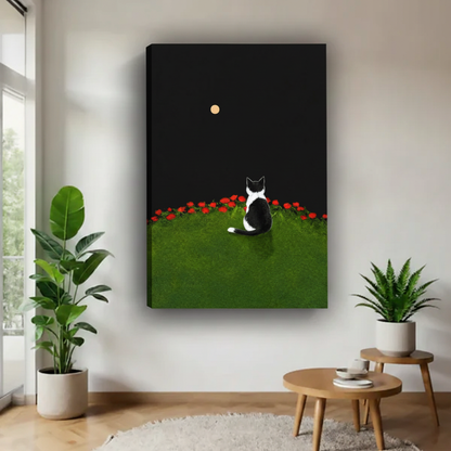 Minimalist black cat moonlit rose garden frameless gallery wrap canvas – moody dark night illustration, displayed in modern white living room with leafy plants