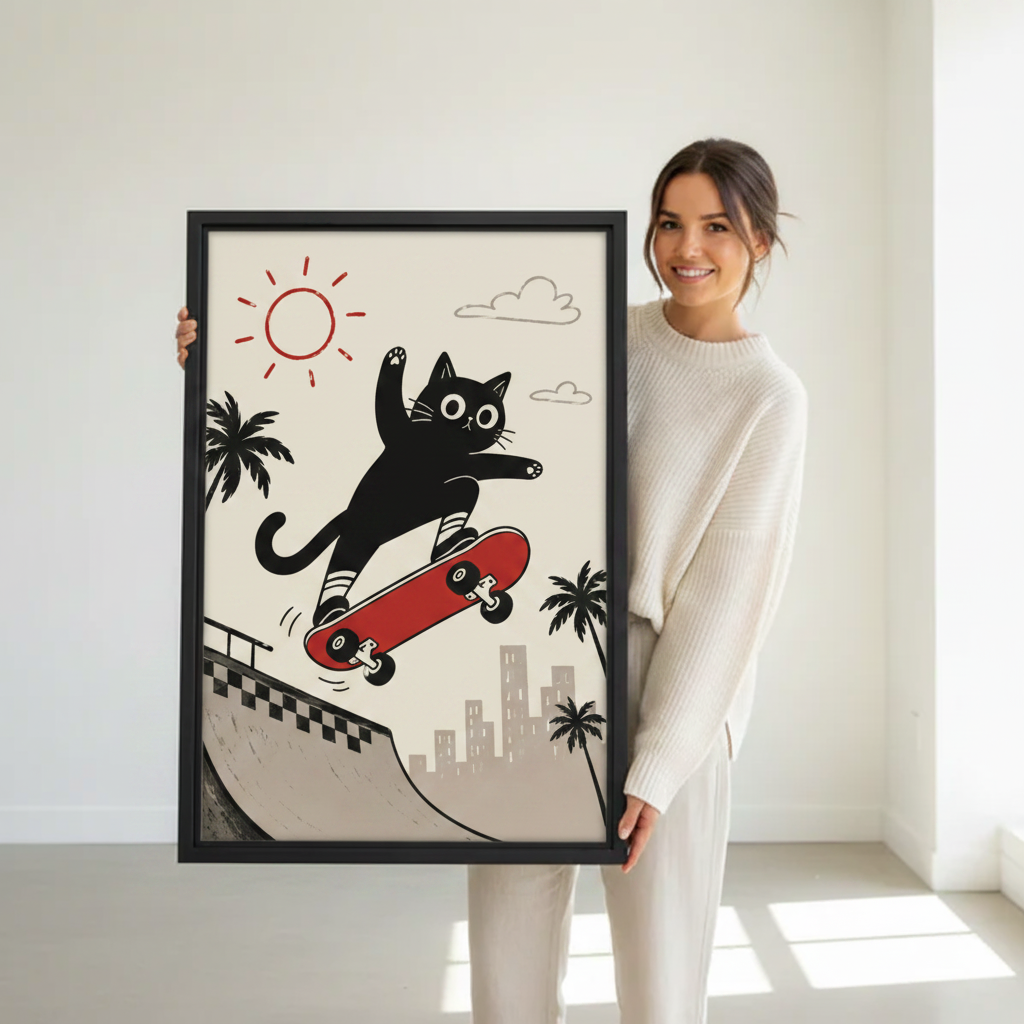 Person holding skateboarding cat canvas print — retro street art wall decor