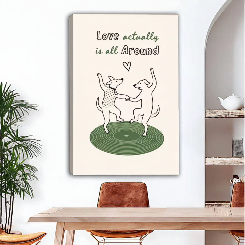Two dogs dancing love quote gallery wrap canvas art, frameless minimalist illustration for living room decor