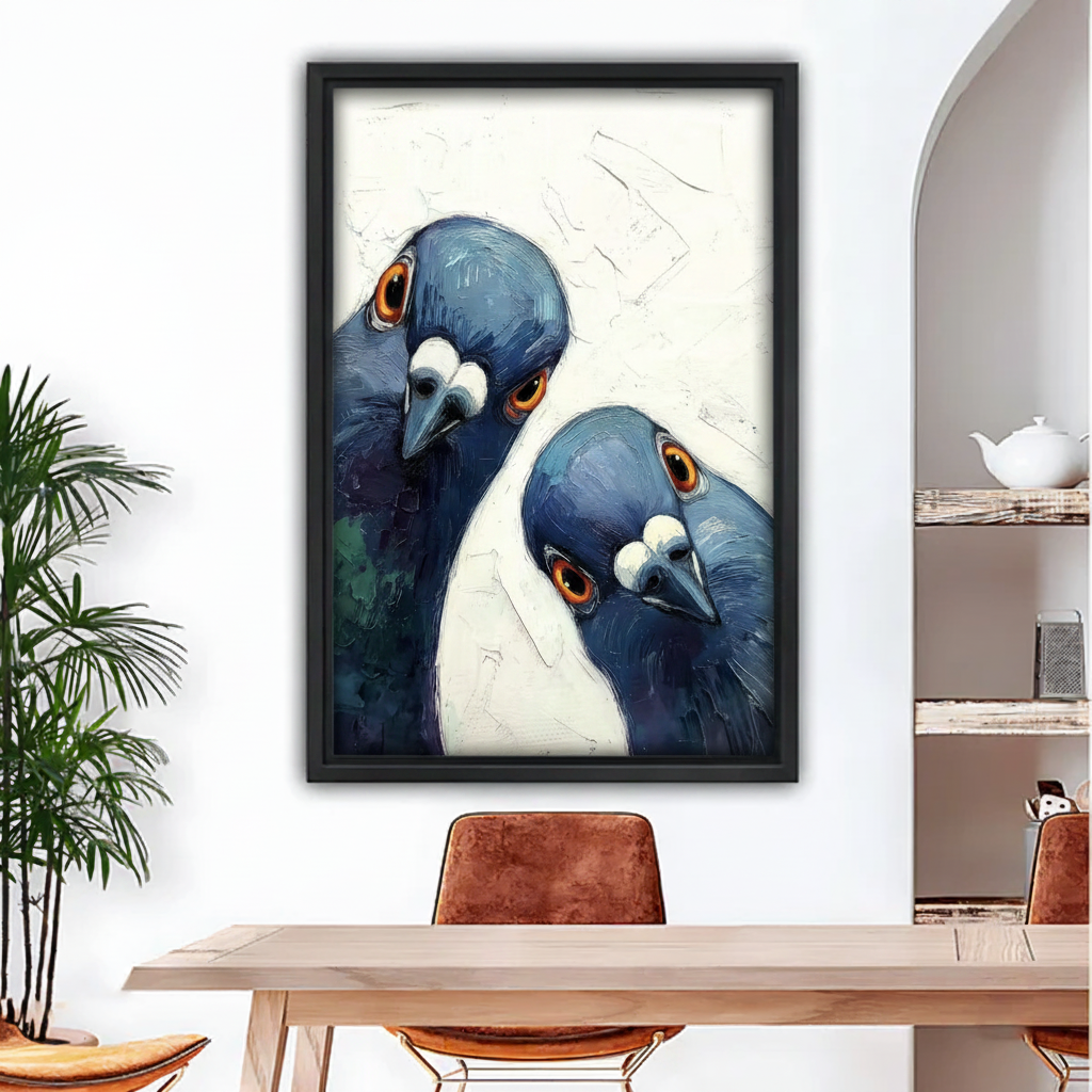 Blue pigeon duo impasto oil painting framed canvas wall art – black frame above modern dining table