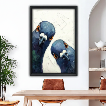 Blue pigeon duo impasto oil painting framed canvas wall art – black frame above modern dining table