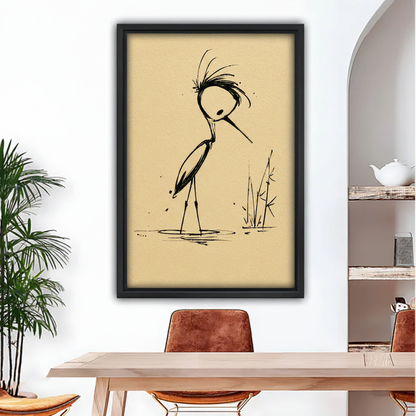 Minimalist ink crane zen canvas wall art — single crane standing in still water with reed grass, black ink on warm beige, black frame, dining room decor