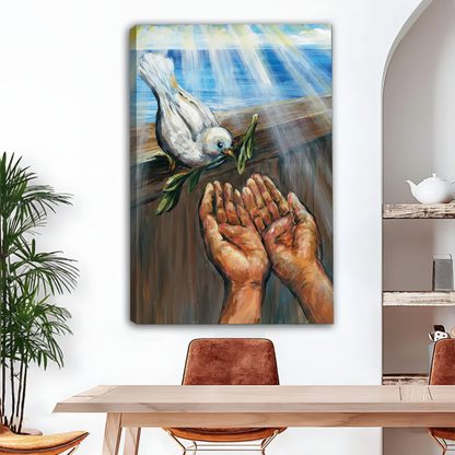 Spiritual white dove peace oil painting, gallery wrap frameless canvas, dove descending with olive branch, living room wall decor