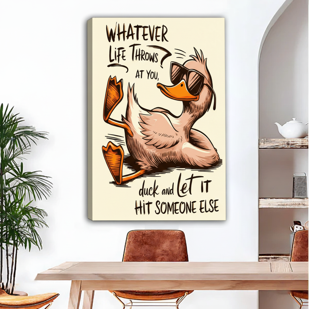 Cool duck falling canvas wall art no frame gallery wrap in dining room, witty quote print for eclectic home and office decor