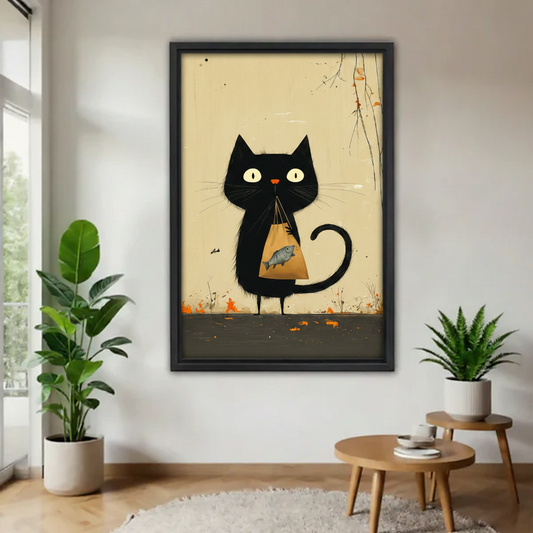 Black cat holding fish bag folk art framed canvas wall art hanging in minimalist living room