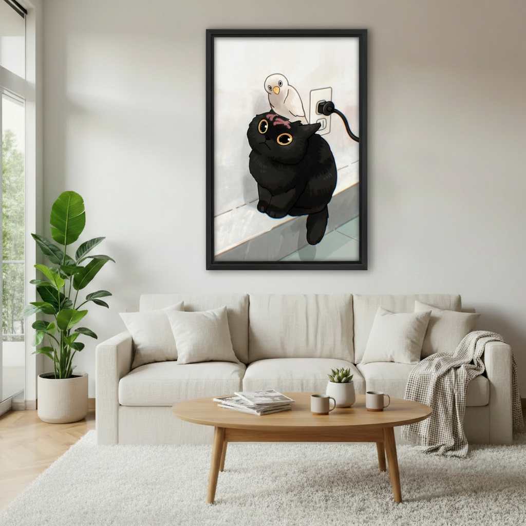 Chubby black cat and bird anime canvas wall art above cream sofa — kawaii illustration print, modern living room decor