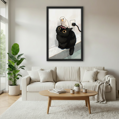 Chubby black cat and bird anime canvas wall art above cream sofa — kawaii illustration print, modern living room decor