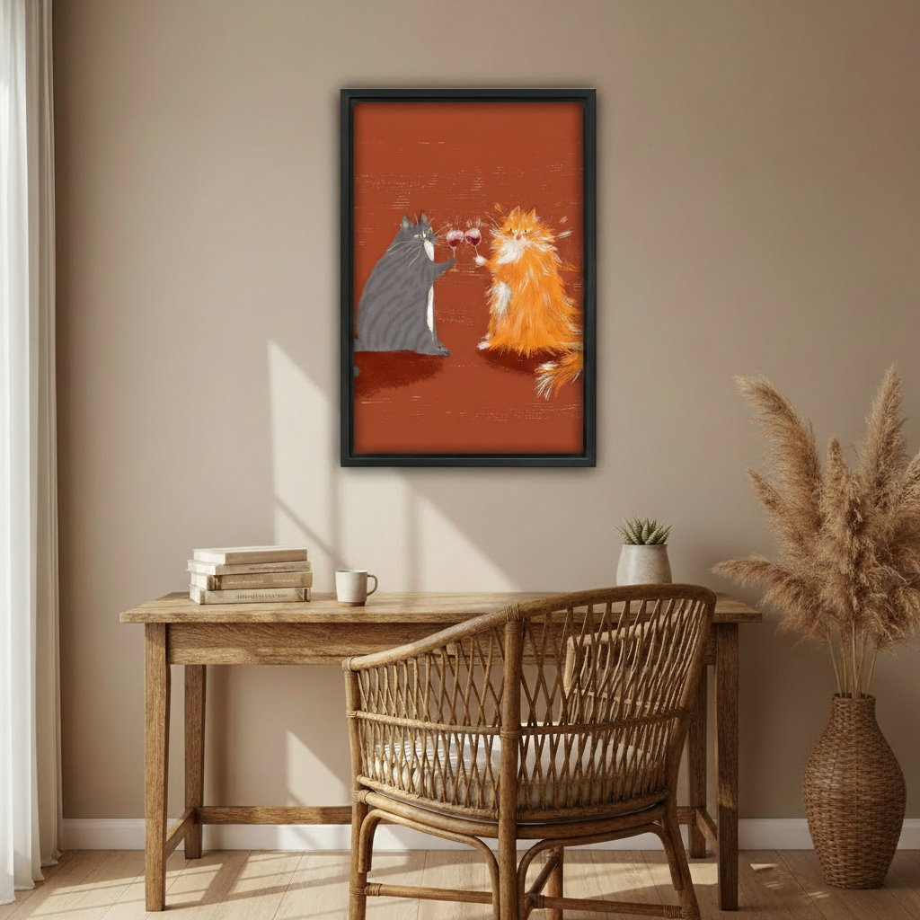 Two cats cheers wine terracotta retro canvas wall art print, cozy cat lover dining room home decor