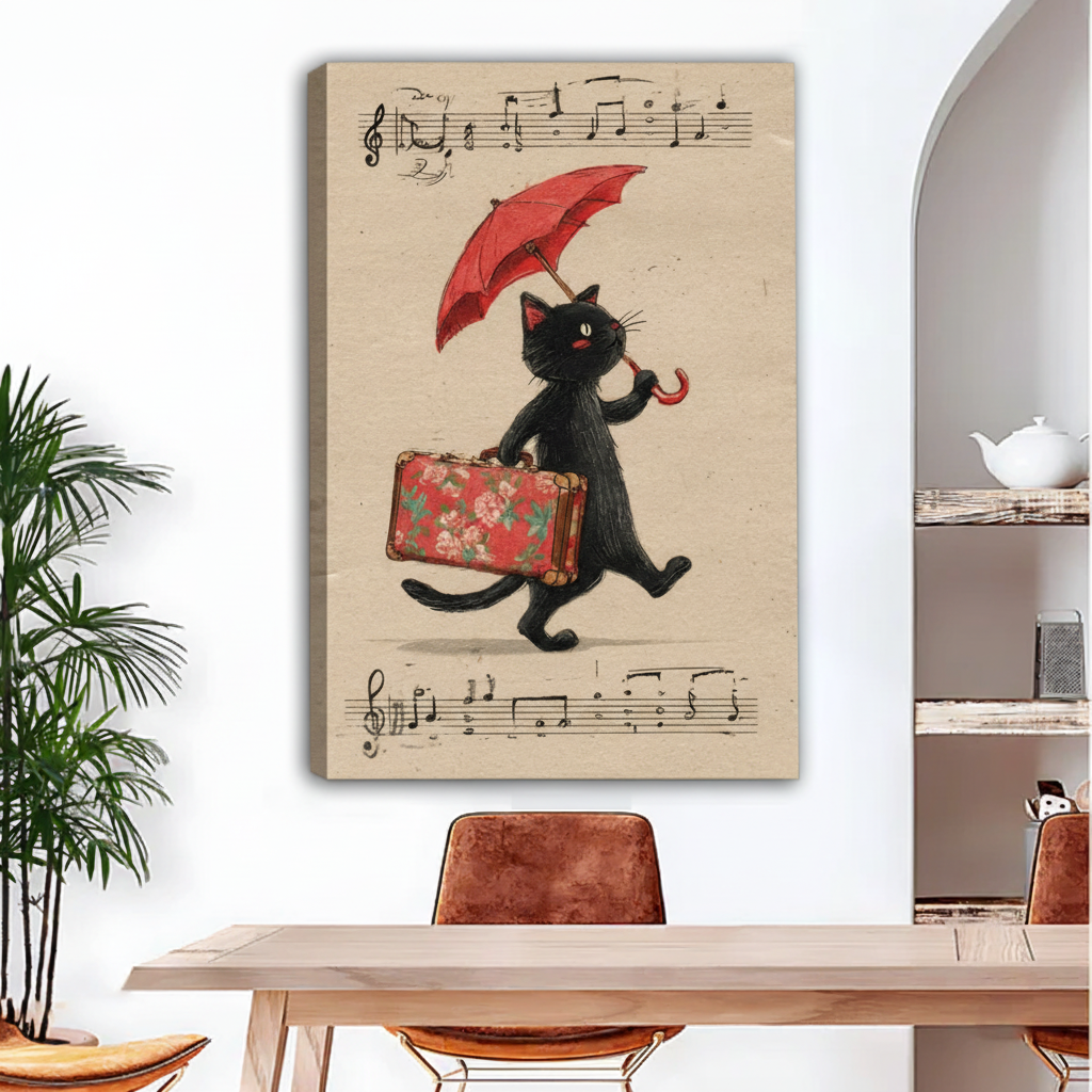 Black cat umbrella floral suitcase vintage canvas art gallery wrap — eclectic cat travel illustration on aged paper background, frameless wall decor