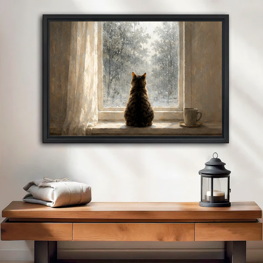 Cat watching snow through window framed canvas wall art print above entryway console table