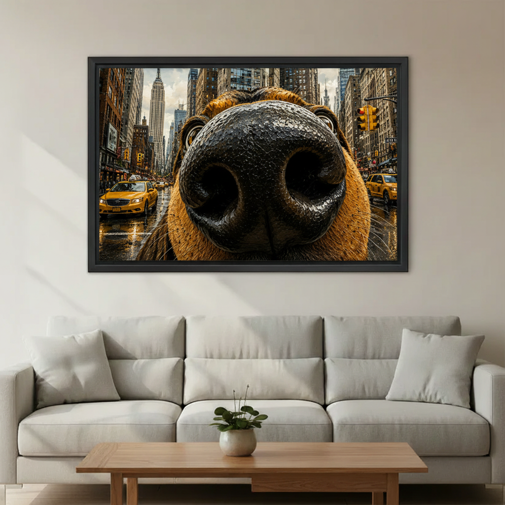 Big nose dog NYC wall art print above sofa in modern living room, funny photorealistic dog decor