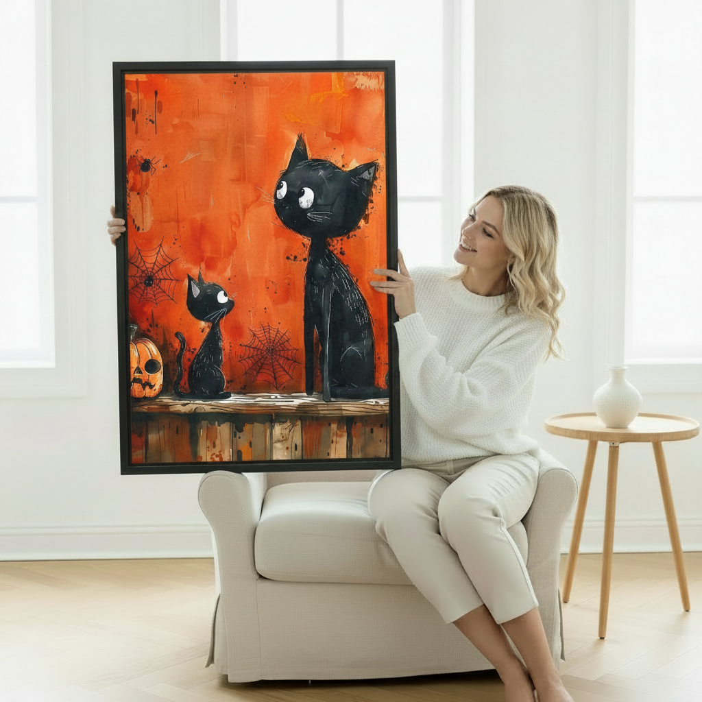 Spooky black cats framed wall art print, two black cats on fence with pumpkin and spider webs, orange background, black frame