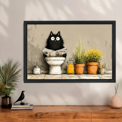 Funny black cat reading on toilet framed canvas print above wood sideboard