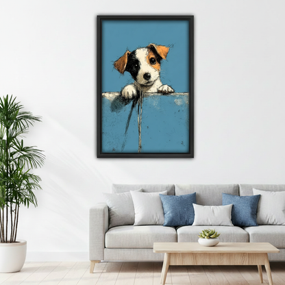 Adorable puppy peeking canvas wall art above living room sofa, charming dog sketch framed print on blue, modern home decor