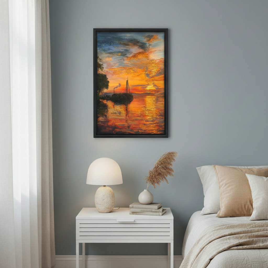 Framed golden hour sailboat impasto canvas art print – dramatic coastal sunset painting for bedroom