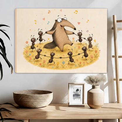 Whimsical anteater and ants framed wall art hanging in Scandinavian living room with wooden shelf