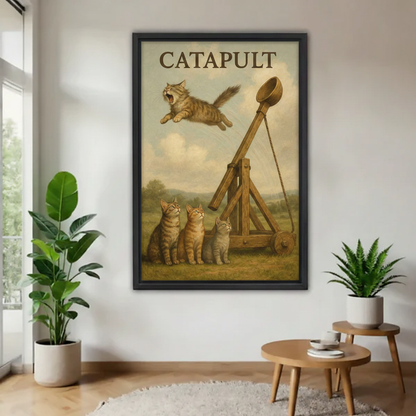 Catapult funny cat vintage framed canvas wall art — tabby cats with medieval catapult, black frame, living room wall decor