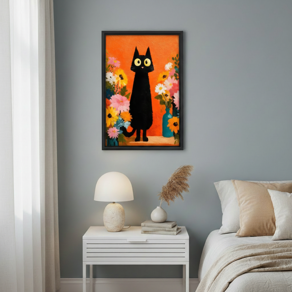 Black cat floral canvas wall art displayed in home interior, bold pop art print for bedroom