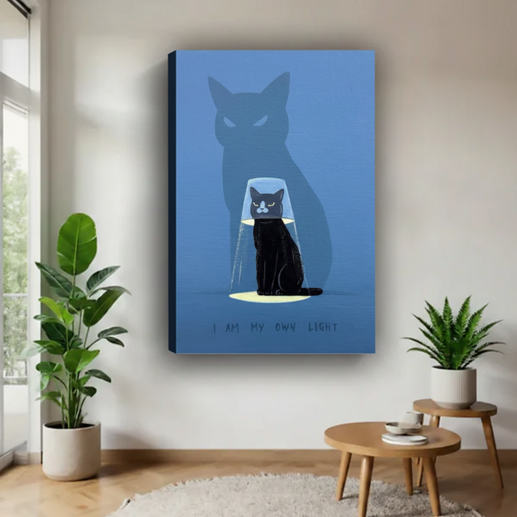 Minimalist black cat empowerment unframed canvas wall art with quote 'I Am My Own Light' 