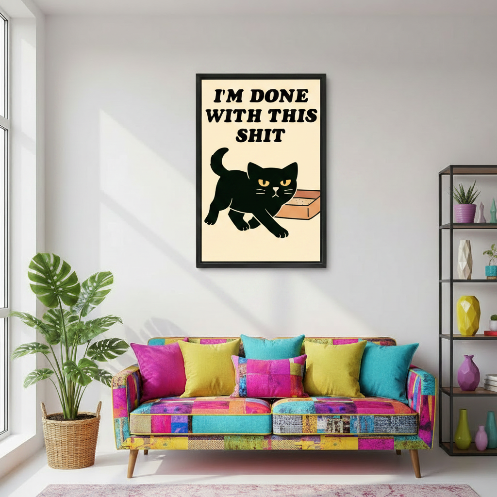 Humorous black cat litter box wall art print above sofa, funny retro cat poster for home decor