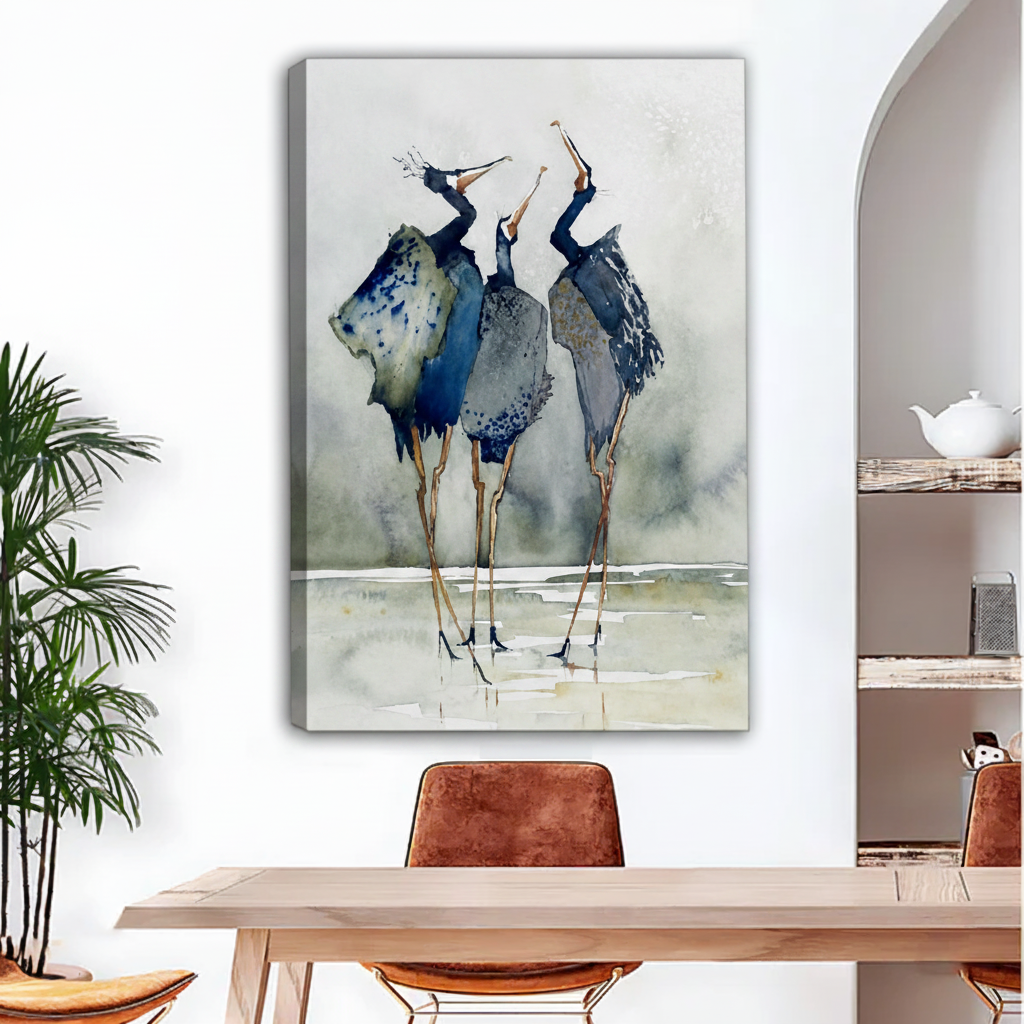 Three herons watercolor canvas art print frameless gallery wrap displayed in bright living room