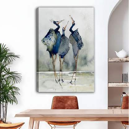 Three herons watercolor canvas art print frameless gallery wrap displayed in bright living room