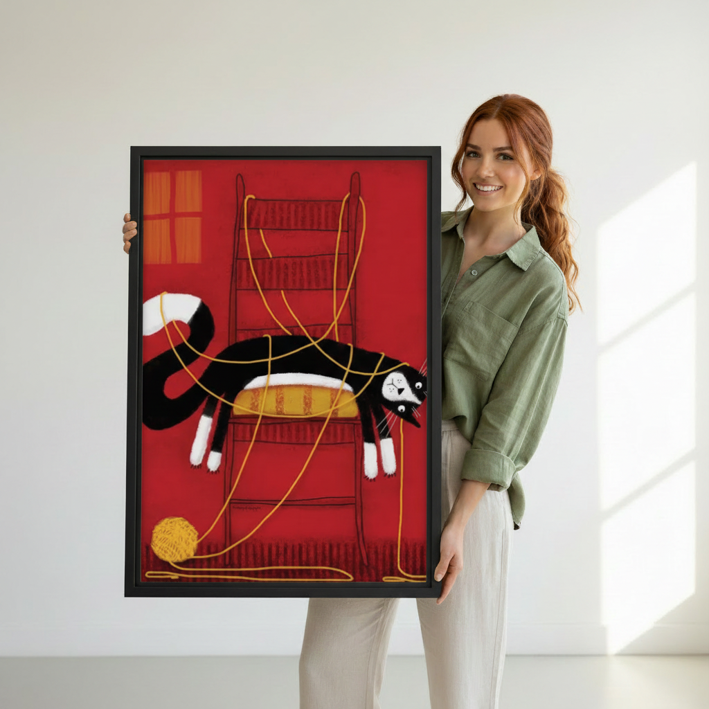 Woman holding large tuxedo cat tangled in yarn whimsical framed canvas print — bold red cat wall art gift for cat lovers