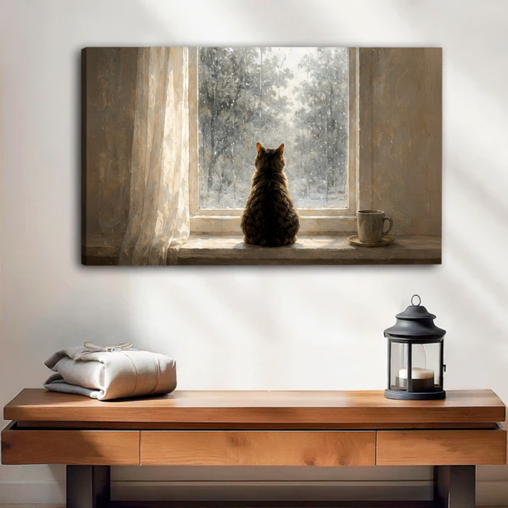 Frameless cat watching snow window canvas print above dark wood entryway table