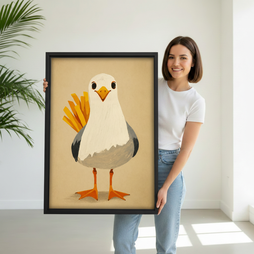 Woman holding funny seagull french fries canvas wall art print, quirky coastal bird gift idea for beach house home decoration