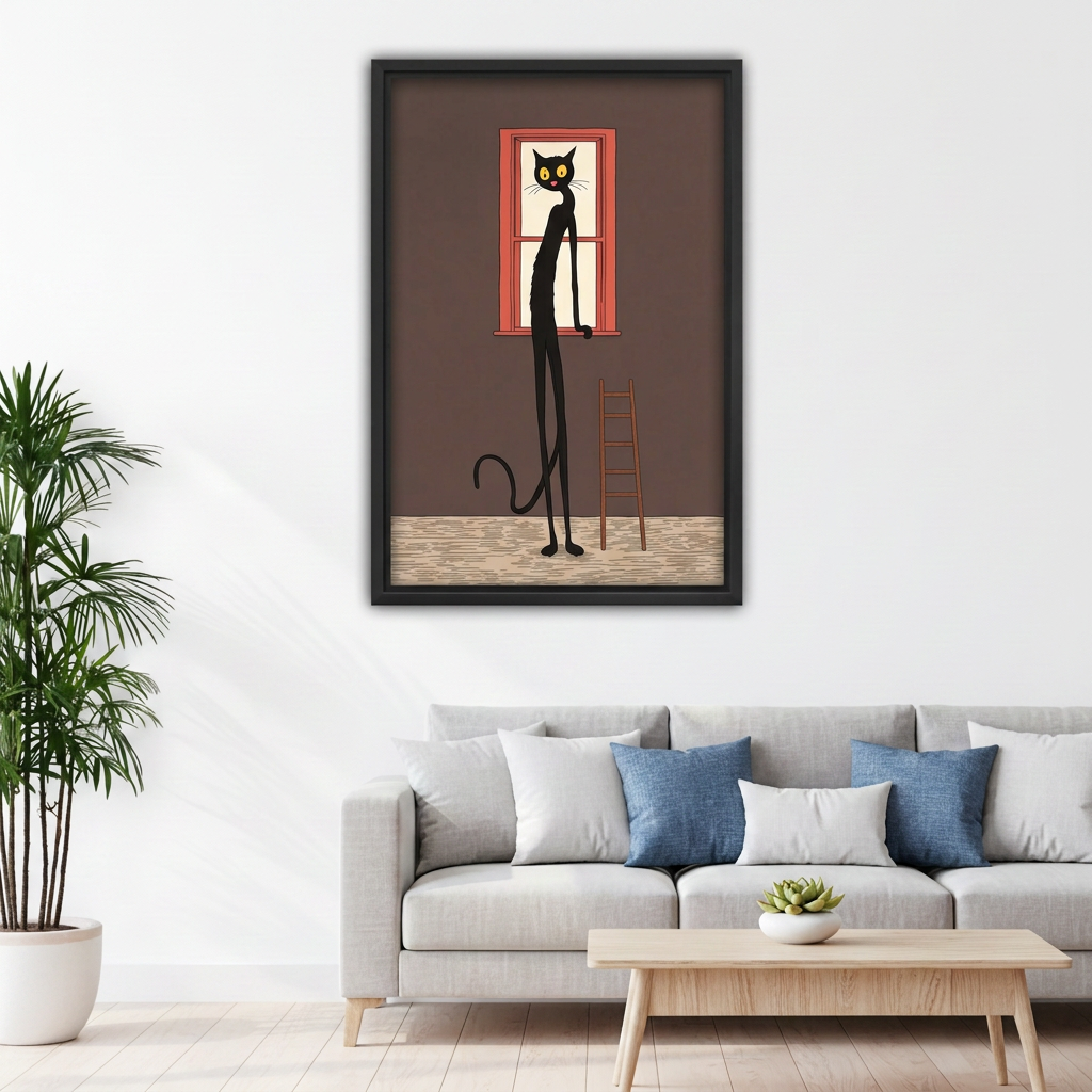 Whimsical Long-Legged Black Cat Canvas Wall Art | Framed & Unframed l4934