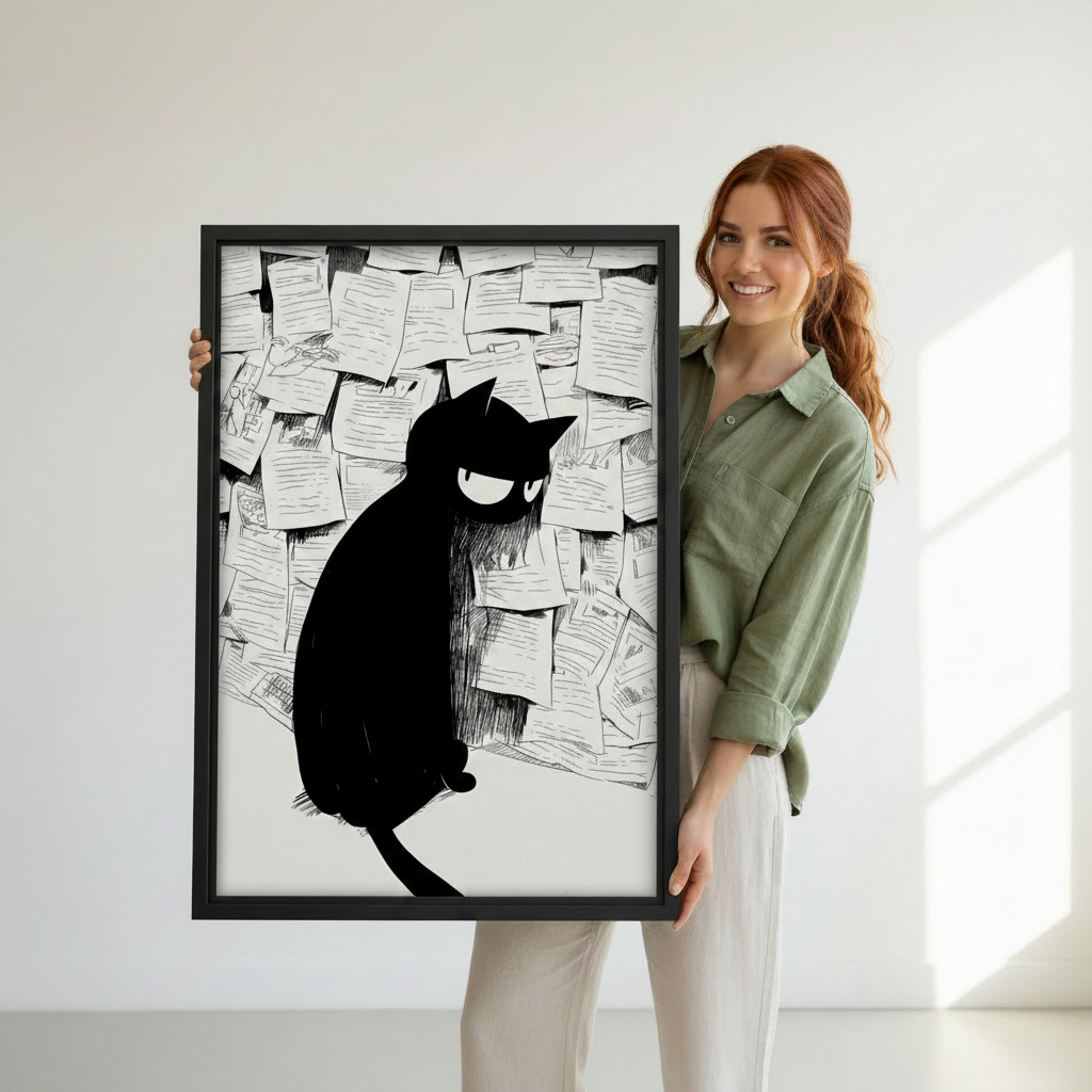 Angry black cat sketch canvas wall art print above cream sofa — ink illustration, cat lover living room decor