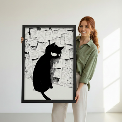 Angry black cat sketch canvas wall art print above cream sofa — ink illustration, cat lover living room decor