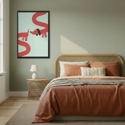 Bold dachshund Oh Hello art print in black frame – two red wiener dogs facing each other, quirky living room wall decor