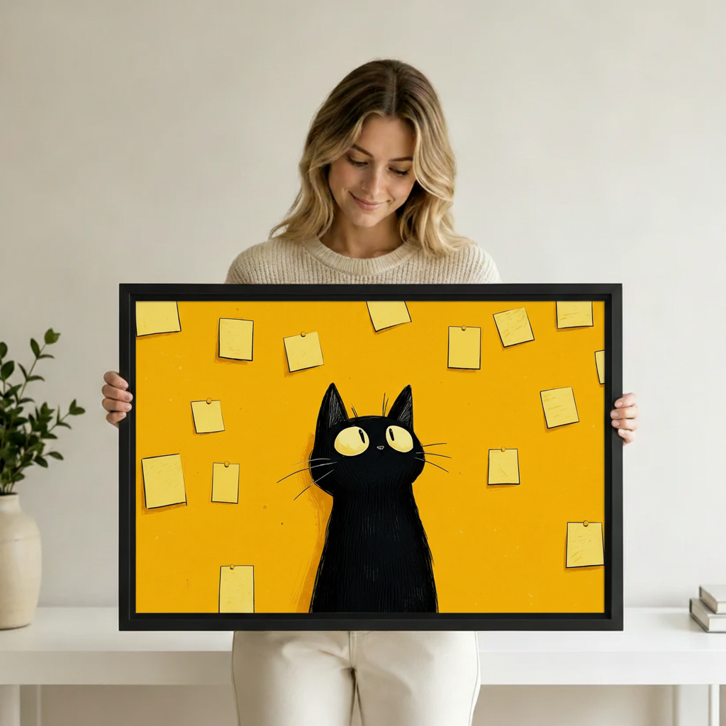 Framed black cat sticky notes print on dark accent wall – cat lover wall art 