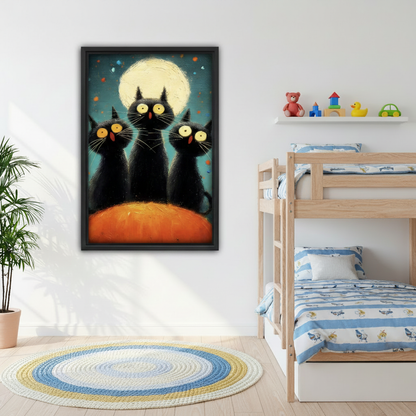 Three black cats moon pop art canvas wall art, frameless gallery wrap, whimsical cat illustration on teal night background, dining room display