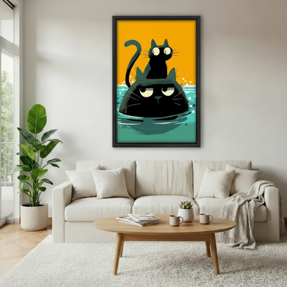 Two black cats stacked framed canvas art in living room — vibrant orange and teal cat illustration print for home decor