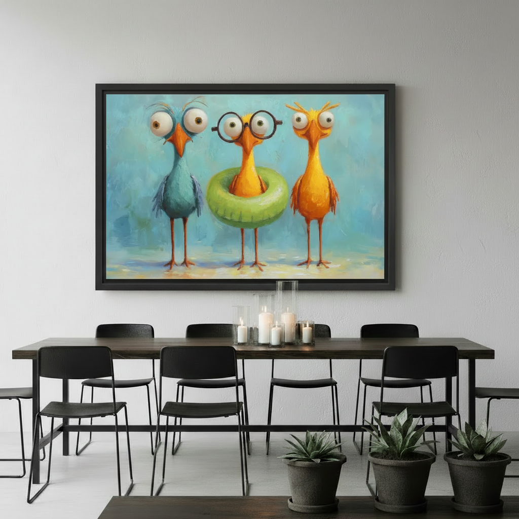 Funny Birds Oil Painting Style Framed Square Print – Whimsical Colorful Bird Wall Decor for Bedroom and Study