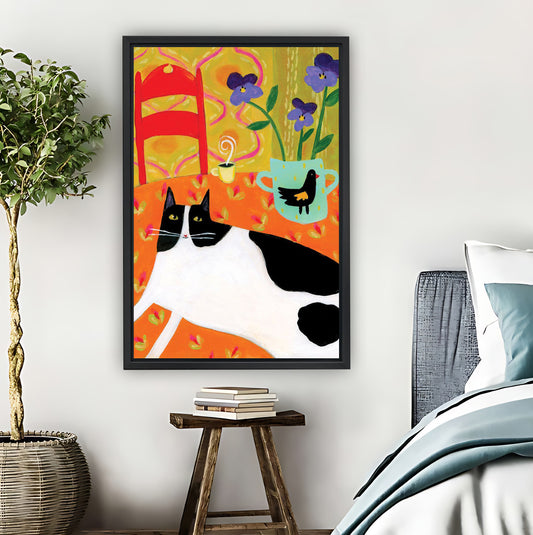 Retro Black & White Cat with Floral Background Whimsical Wall Art| Liberty Signs #L884