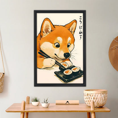 Cute Shiba Inu Eating Sushi Wall Art - Japanese Dog Canvas Print|Liberty Signs #L346