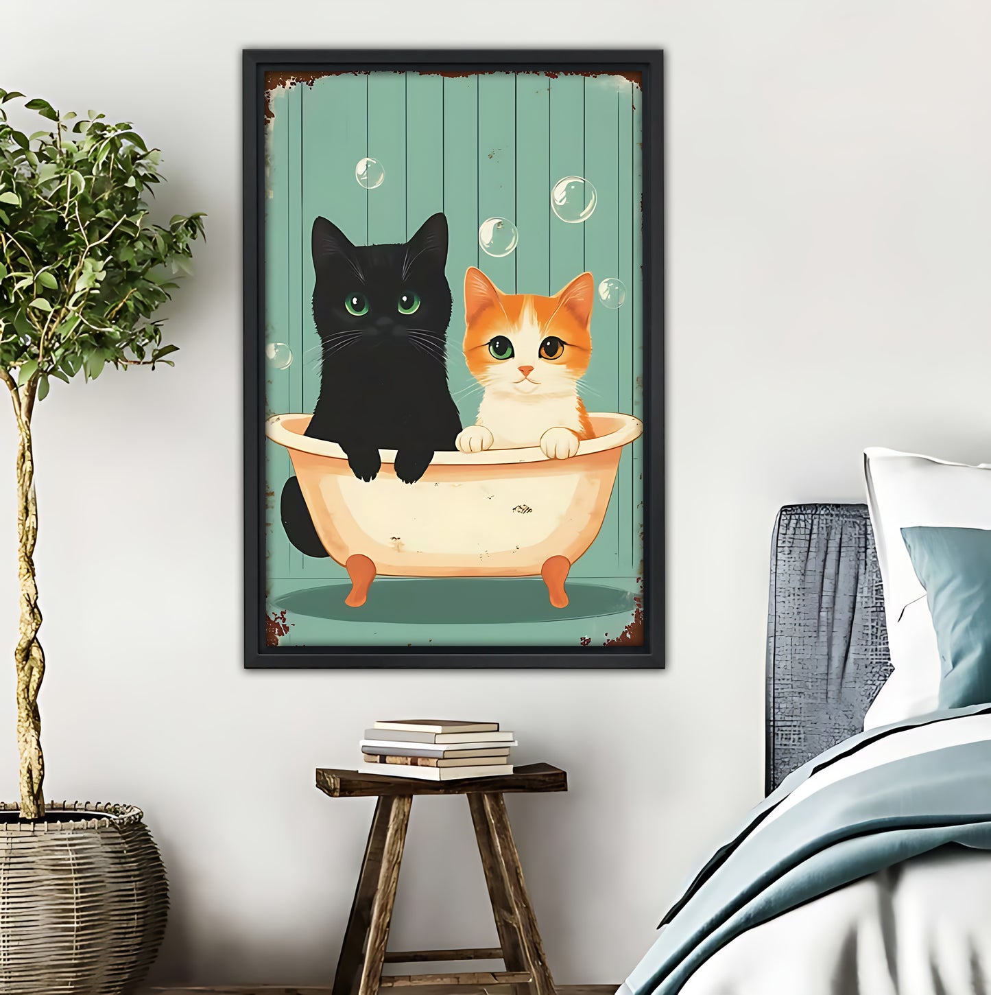 Cute Cats in Bathtub Retro Bathroom Wall Art|Liberty Signs #L405