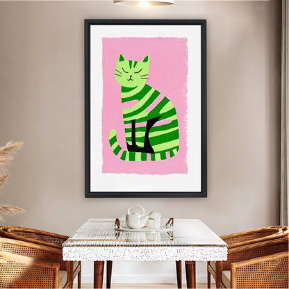 Bold Green Striped Cat Pink Background Wall Art Print| Liberty Signs #L1575