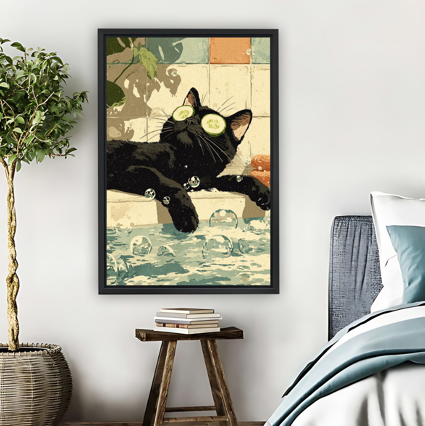 Funny Black Cat with Cucumber Slices in Bathtub Wall Art Print| Liberty Signs #L1581