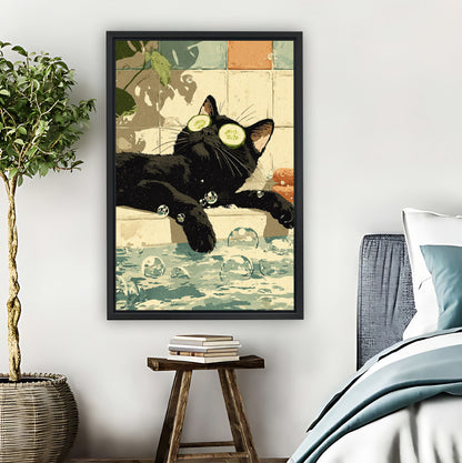 Funny Black Cat with Cucumber Slices in Bathtub Wall Art Print| Liberty Signs #L1581