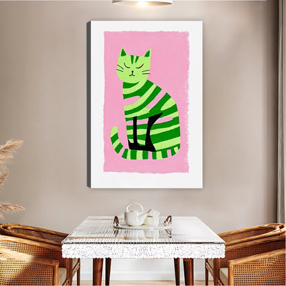 Bold Green Striped Cat Pink Background Wall Art Print| Liberty Signs #L1575