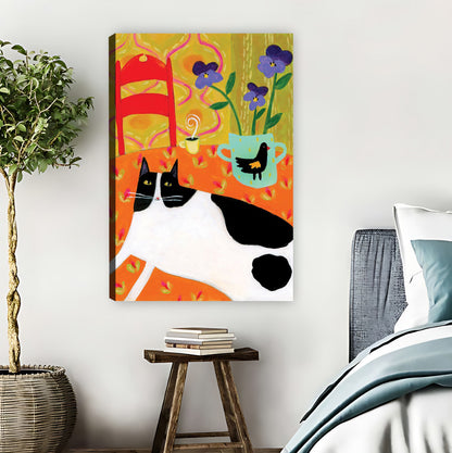 Retro Black & White Cat with Floral Background Whimsical Wall Art| Liberty Signs #L884