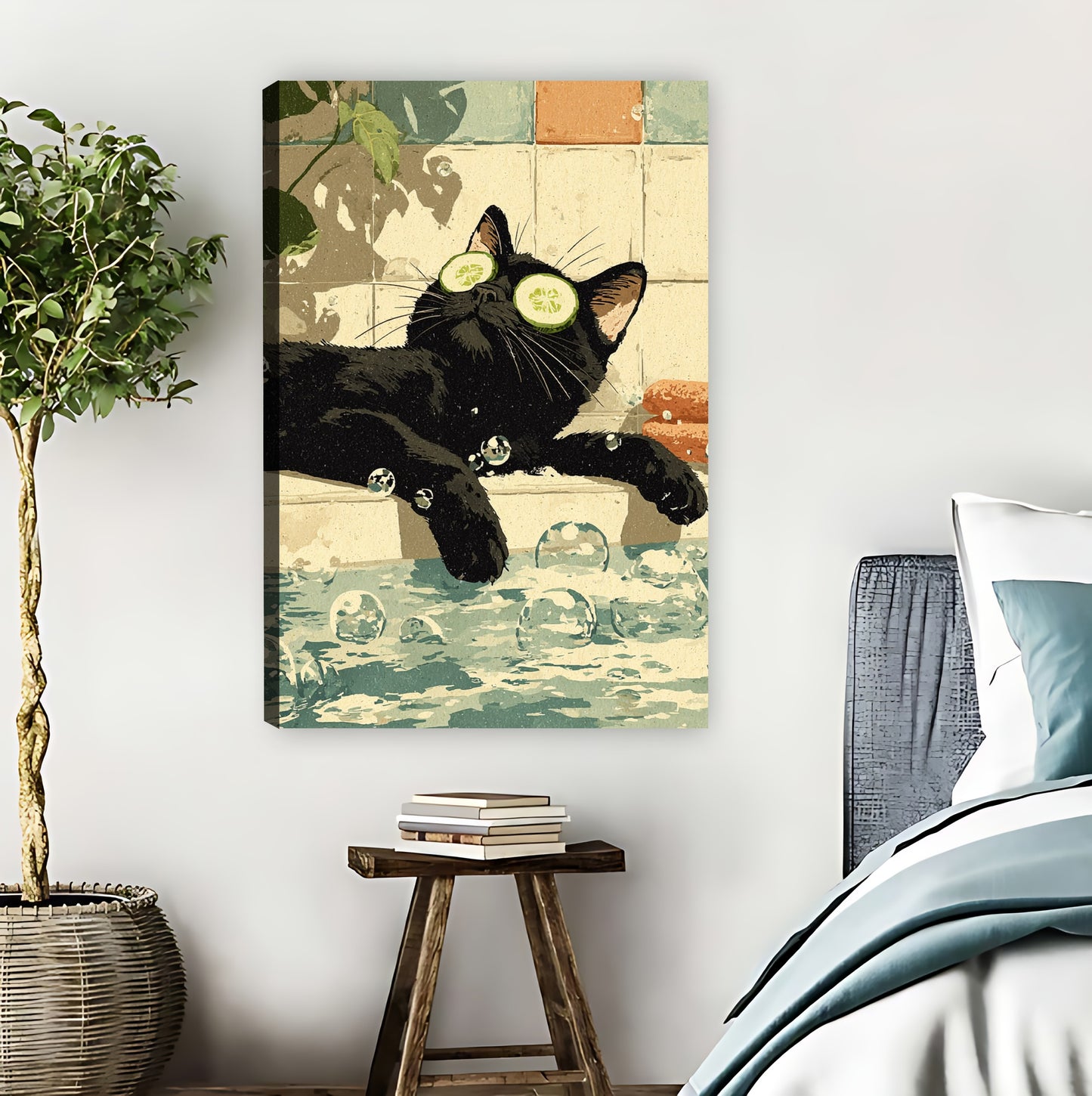 Funny Black Cat with Cucumber Slices in Bathtub Wall Art Print| Liberty Signs #L1581