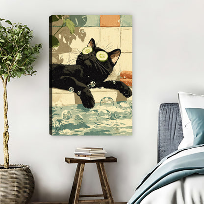 Funny Black Cat with Cucumber Slices in Bathtub Wall Art Print| Liberty Signs #L1581