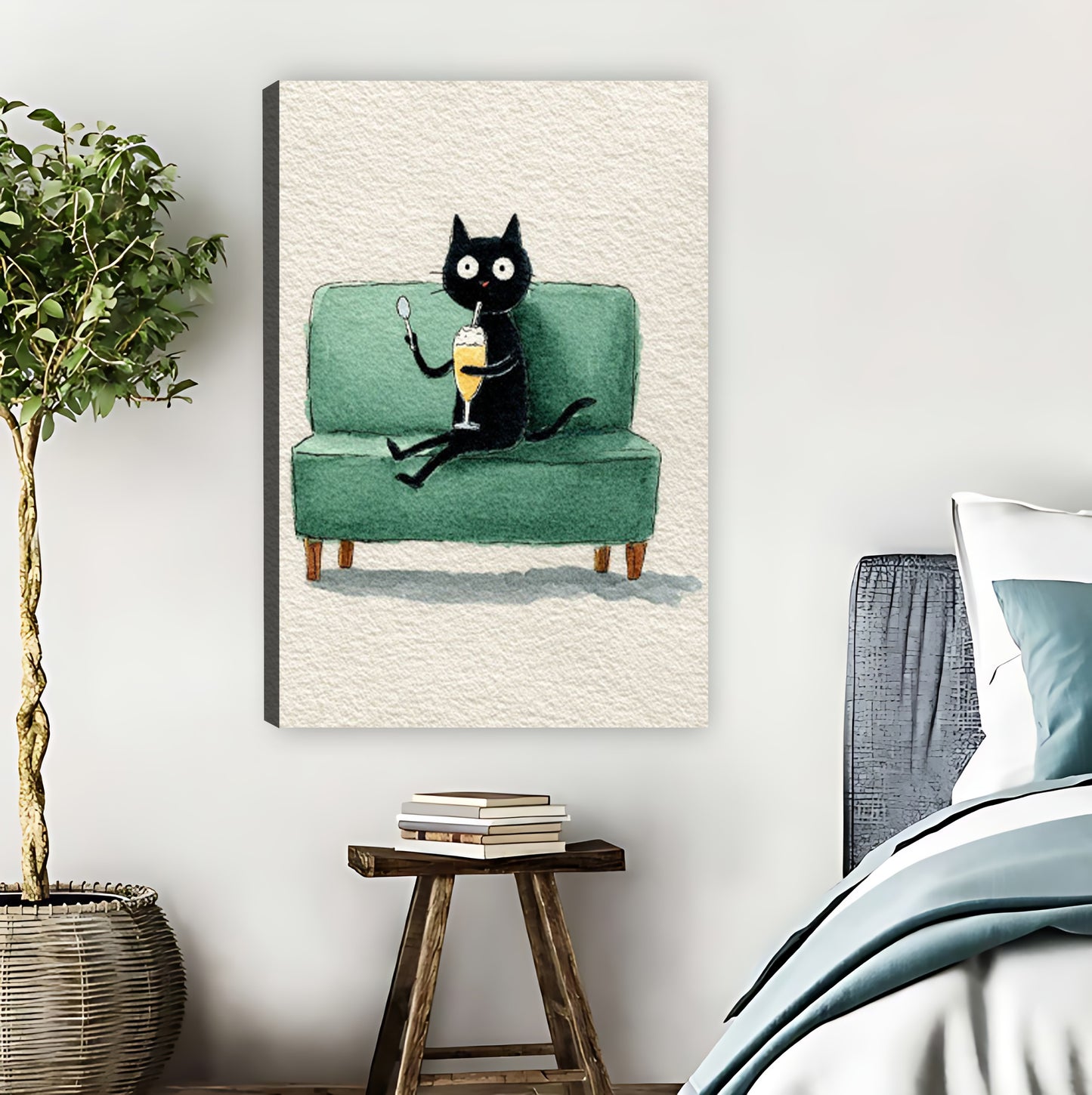 Funny Cat Drinking Beer on Green Couch Wall Art|Liberty Signs #L822