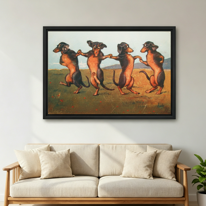 Vintage dancing dachshunds framed canvas art above sofa living room whimsical dog decor