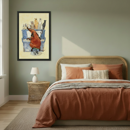 Whimsical dachshund and cats music watercolor framed canvas above rattan bed, sage green bedroom wall art